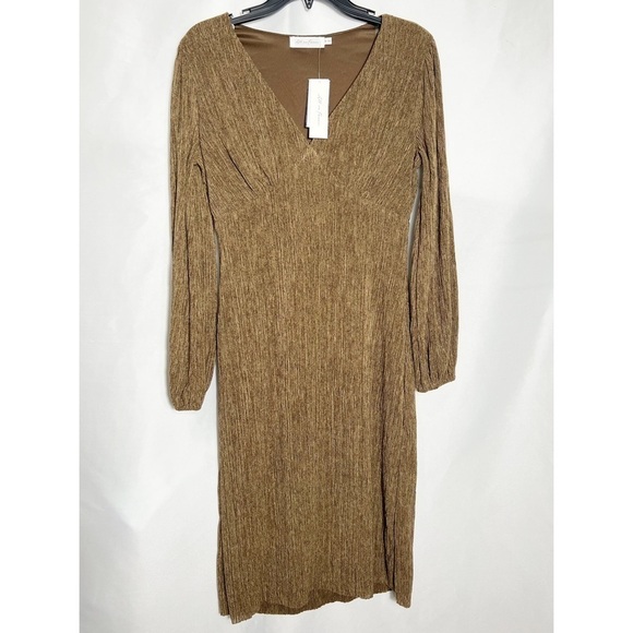 All in Favor Plissé Empire Waist Midi Dress Dark Brown - Picture 3 of 4